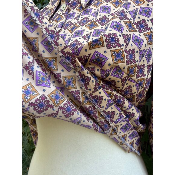 70s Dagger Collar Blouse All Over Purple Geometric Print Balloon Sleeve Custom - Picture 4 of 15
